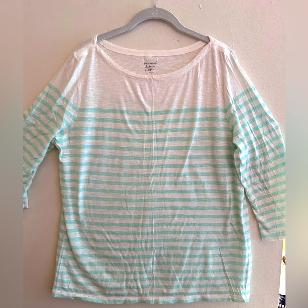 LOFT Aqua & White Sun Washed Striped Elbow Sleeved Bateau T-Shirt - Size XL